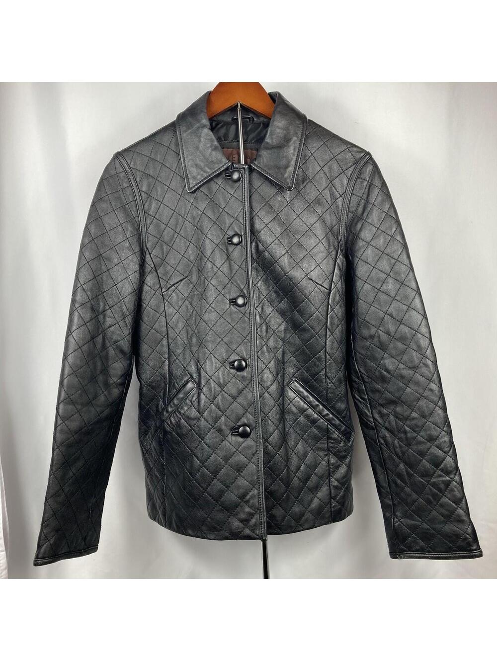 Women’s Size 10 Siena Studio Black Genuine Leather Quilted Button Up Jacket